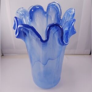 Vintage Large Murano Handblown Art Glass Blue Opalescent Hankerchief Vase